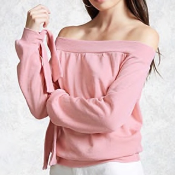 Off Shoulder Tie Cuff Fleece Top (Peach) - Picture 4 of 4